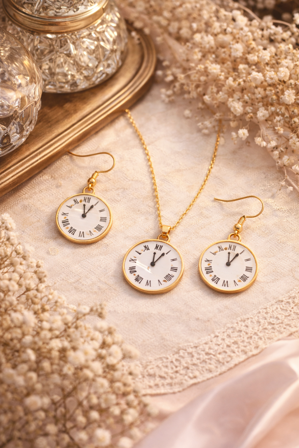 Timeless Elegance Vintage Clock Jewellery Set – Necklace & Earrings