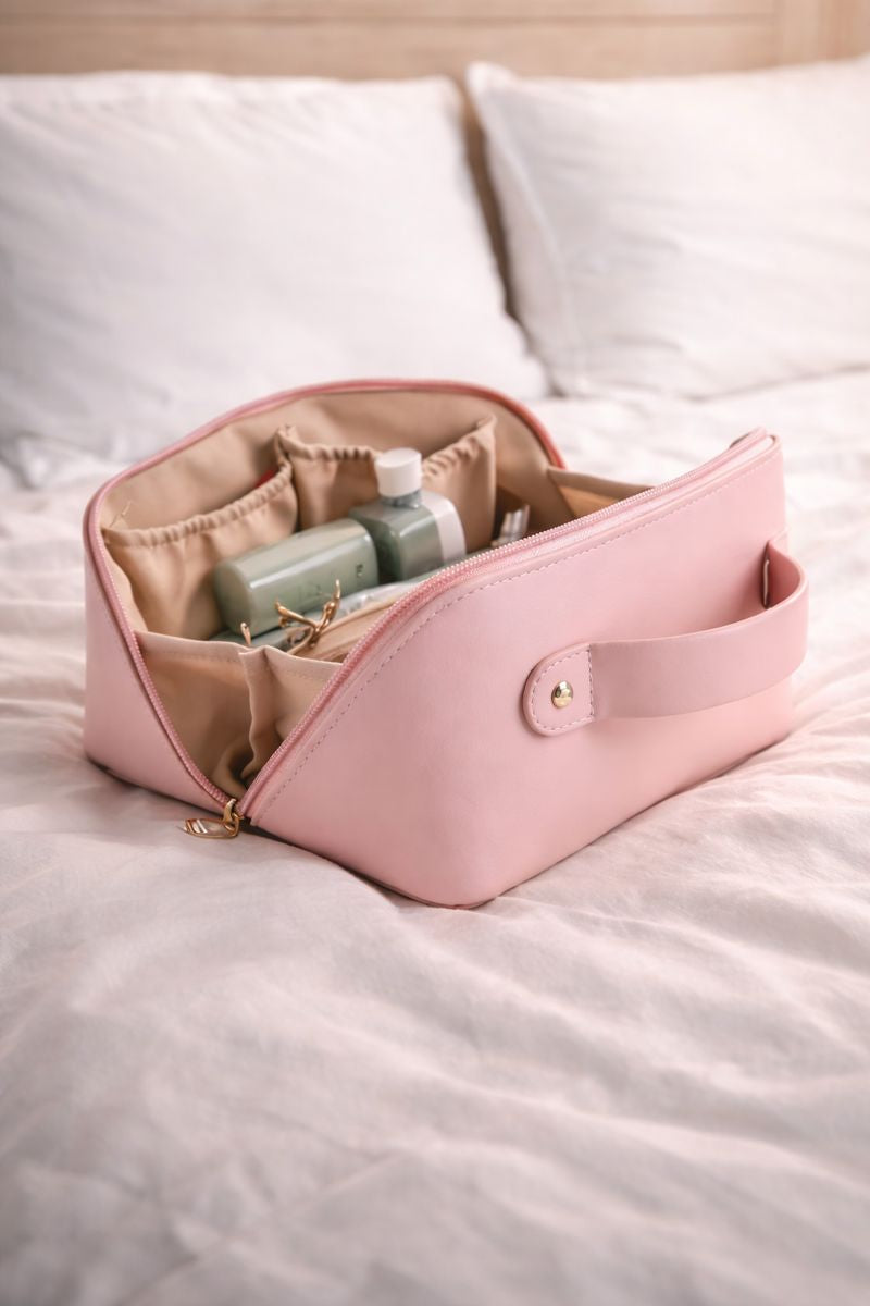 Blush Luxe Travel Cosmetic Bag – Pink Leather Finish